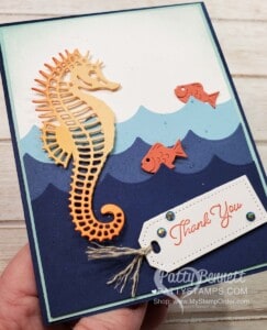 Seascape bundle from Stampin' Up! - Thank You card idea featuring seahorse colored with Blending Brushes. Scalloped Contoures dies for waves. www.pattystamps.com