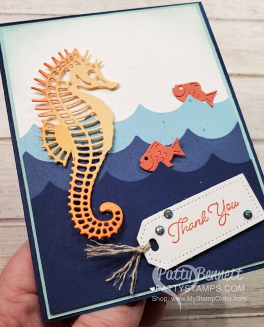 Seascape bundle from Stampin' Up! - Thank You card idea featuring seahorse colored with Blending Brushes. Scalloped Contoures dies for waves. www.pattystamps.com