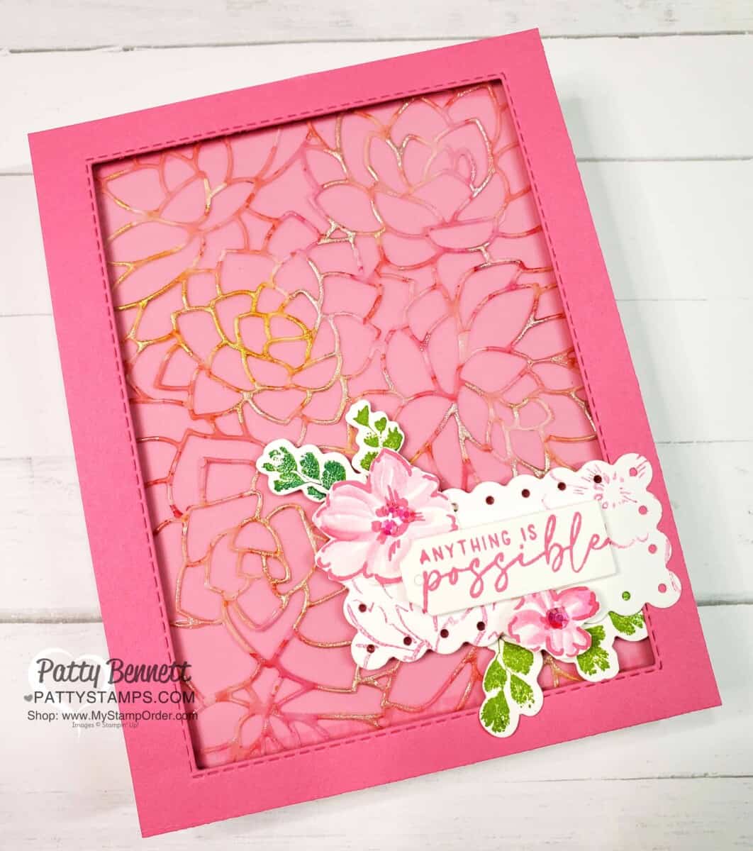 Potted Succulent die cut from Alcohol Ink Background featuring STampin' Blends markers. Card by Patty Bennett www.PattyStamps.com