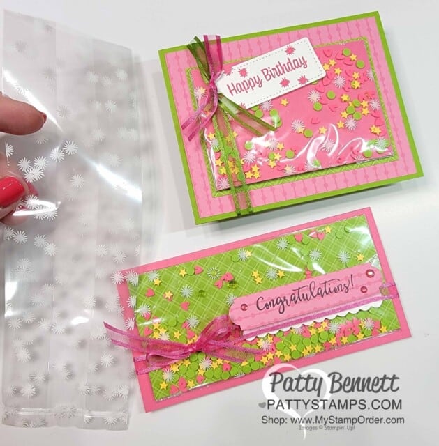 Faux Shaker Card idea featuring Stampin' Up! Printed Gusseted Bags and Shaker Shapes!! www.PattyStamps.com