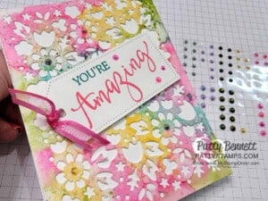 Die cut the Alcohol Ink background with the Flower Market die for a beautiful card and decorate with In Color Jewels! www.PattyStamps.com