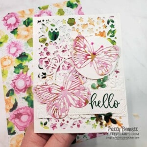 Expressions in Ink designer paper used as a background with the Flower Market die overlay. Brilliant Wings butterfly dies. www.PattyStamps.com