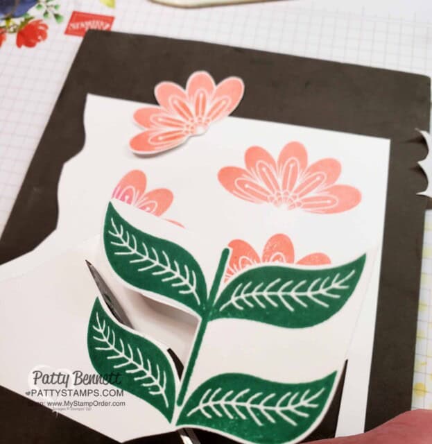 Stamping flowers for In Symmetry designer paper card idea with Basic Patterns polka dot mask. www.pattystamps.com