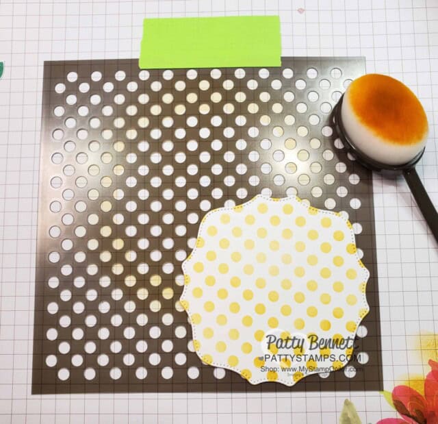 In Symmetry designer paper card idea with Basic Patterns polka dot mask. www.pattystamps.com