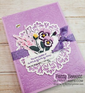 Pansy Petals designer paper from Stampin' Up! with Pretty Flowers embossing folder and Fresh Freesia Shimmer Vellum card idea. Featuring Encircled in Beauty dies. www.PattyStamps.com