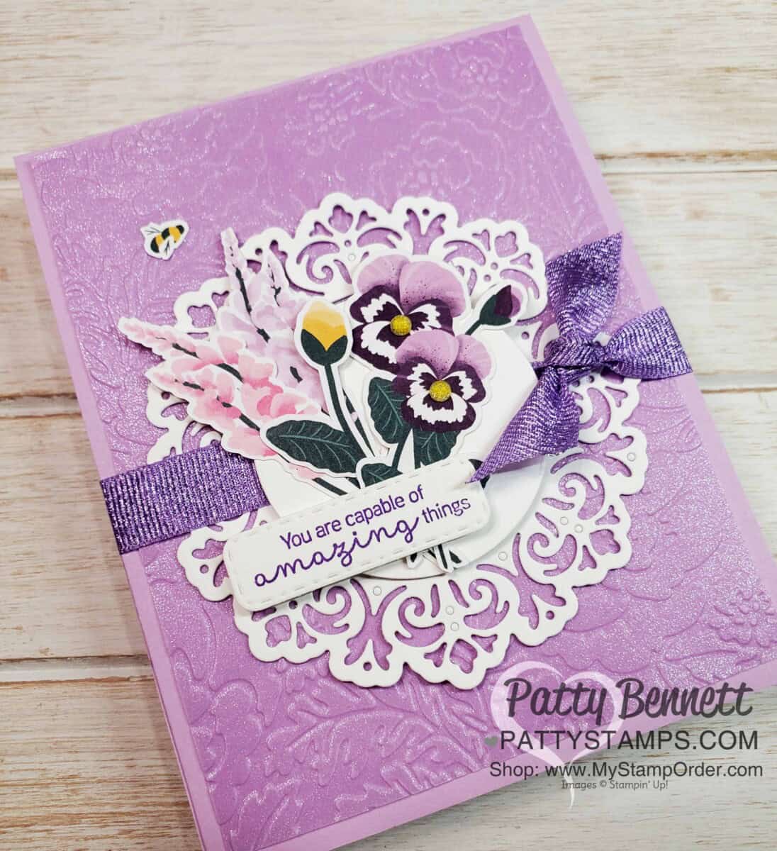 Pansy Petals designer paper from Stampin' Up! with Pretty Flowers embossing folder and Fresh Freesia Shimmer Vellum card idea. Featuring Encircled in Beauty dies. www.PattyStamps.com