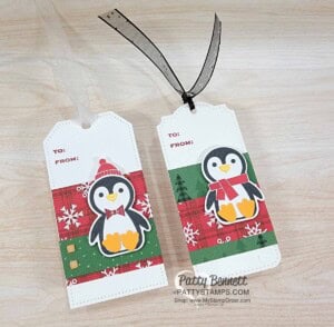 Penguin Place bundle Christmas to from tag ideas featuring Peaceful Prints designer paper and Tailor Made Tags. Stampin' Up! paper crafting supplies from Stampin' Up!
