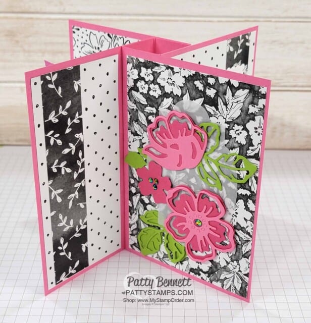 Pinwheel Tower Card created with Stampin' UP! Sale-a-Bration Beautifully Penned DSP & Summer Shadows dies. www.PattyStamps.com