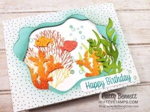 Use the Layering Diorama dies to add fun wavy layers to the Seascape Bundle card. www.pattystamps.com