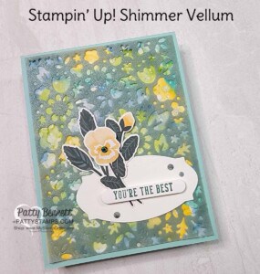 Flower Market die with Shimmer Vellum from Stampin' Up!, overlayed on Alcohol ink background. Card by Patty Bennett