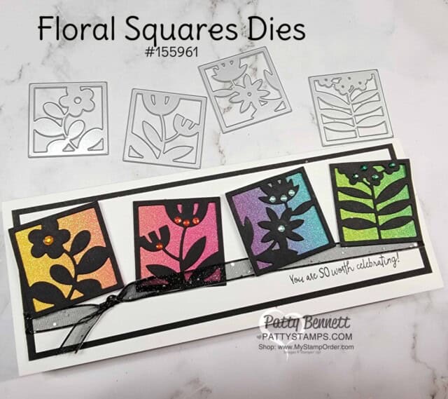 Slimline Card Idea featuring Stampin' Up! Floral Squares dies in black and rainbow glimmer paper.
