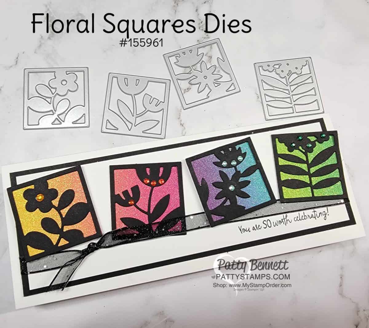 Slimline Card Idea featuring Stampin' Up! Floral Squares dies in black and rainbow glimmer paper.