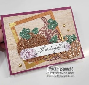 Color Be Dazzling glitter paper from Stampin' UP! Sale-a-Bration 2021 with Spritzers and ink for a beautiful Detailed Pumpkin dies card. Patty Bennett