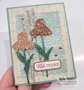 Color Be Dazzling glitter paper from Stampin' UP! Sale-a-Bration 2021 with Spritzers and ink for a beautiful Nature's Harvest floral card. Patty Bennett
