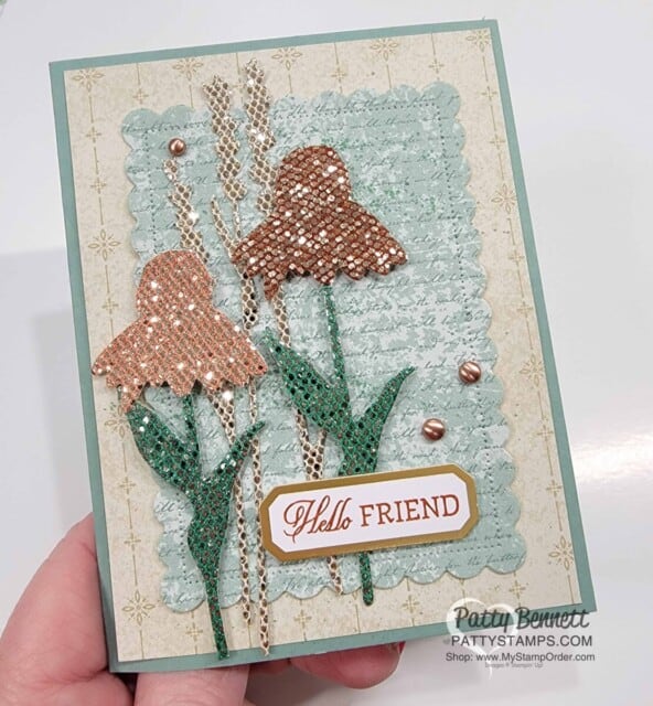 Color Be Dazzling glitter paper from Stampin' UP! Sale-a-Bration 2021 with Spritzers and ink for a beautiful Nature's Harvest floral card. Patty Bennett