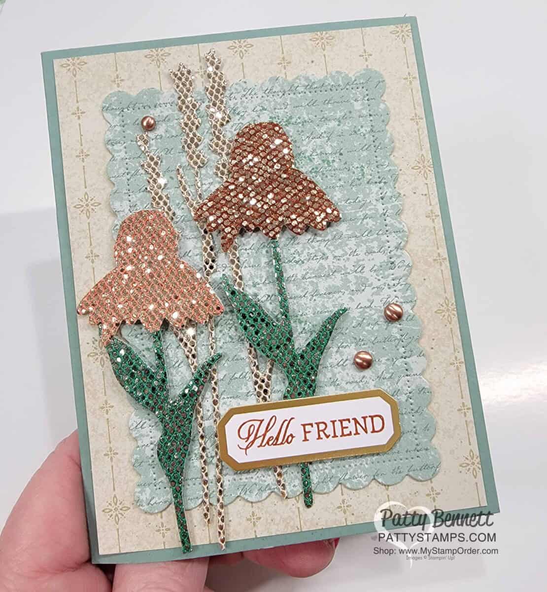 Color Be Dazzling glitter paper from Stampin' UP! Sale-a-Bration 2021 with Spritzers and ink for a beautiful Nature's Harvest floral card. Patty Bennett