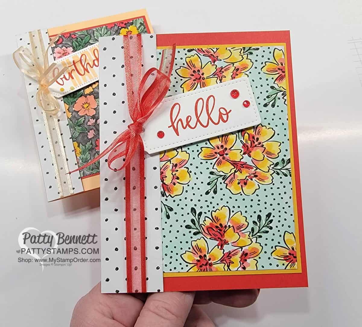 Cards with Stampin' Blends markers used to color the Beautifully Penned Stampin' UP! Sale-a-Bration paper and Biggest Wish stamp set. www.PattyStamps.com