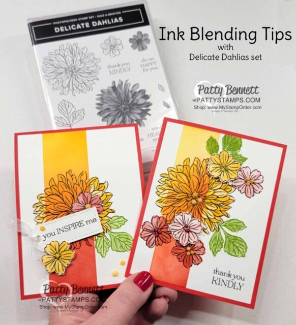 Ink Blending tips with Stampin' Up! Blending Brushes featuring Delicate Dahlias Sale-a-Bration stamp set. Video tutorial by Patty Bennett