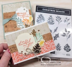 Stampin' Up! Christmas Season stamp set and Harvest Meadow designer paper card ideas - turn Christmas into Fall! by Patty Bennett www.PattyStamps.com