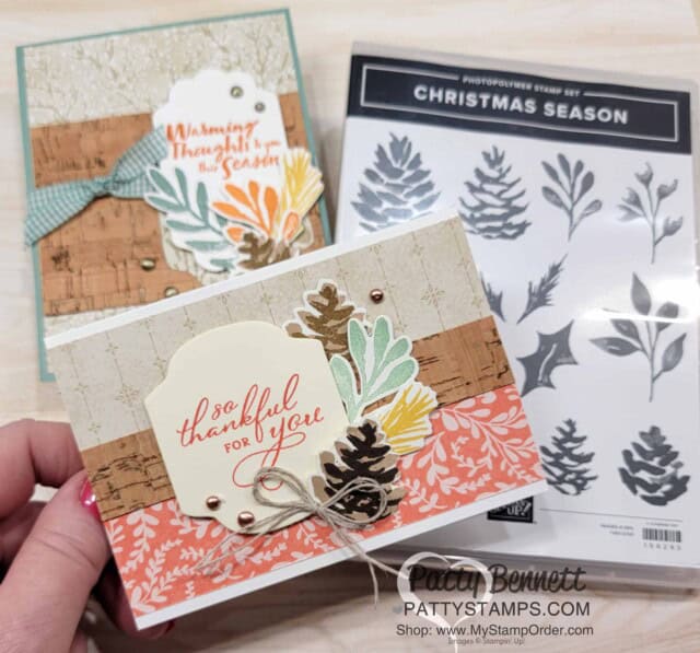 Stampin' Up! Christmas Season stamp set and Harvest Meadow designer paper card ideas - turn Christmas into Fall! by Patty Bennett www.PattyStamps.com