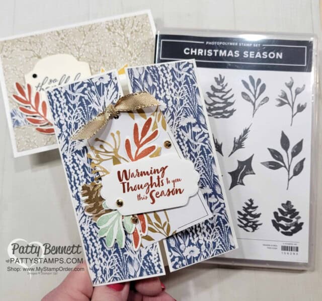 Stampin' Up! Christmas Season stamp set and Harvest Meadow designer paper card ideas - turn Christmas into Fall! by Patty Bennett www.PattyStamps.com