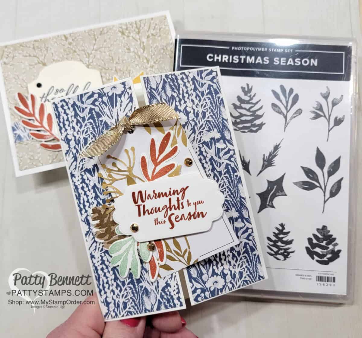 Stampin' Up! Christmas Season stamp set and Harvest Meadow designer paper card ideas - turn Christmas into Fall! by Patty Bennett www.PattyStamps.com