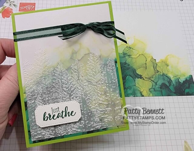 Expressions in Ink designer paper background for card created with embossed vellum and Evergreen Forest embossing folder by Patty Bennett