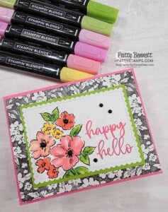 Trifold Card idea featuring Stampin' Up! Sale-a-Bration Beautifully Penned designer paper, Hand-Penned petals stamp set colored with Stampin' Blends markers, and Biggest Wish set. by Patty Bennett www.PattyStamps.com
