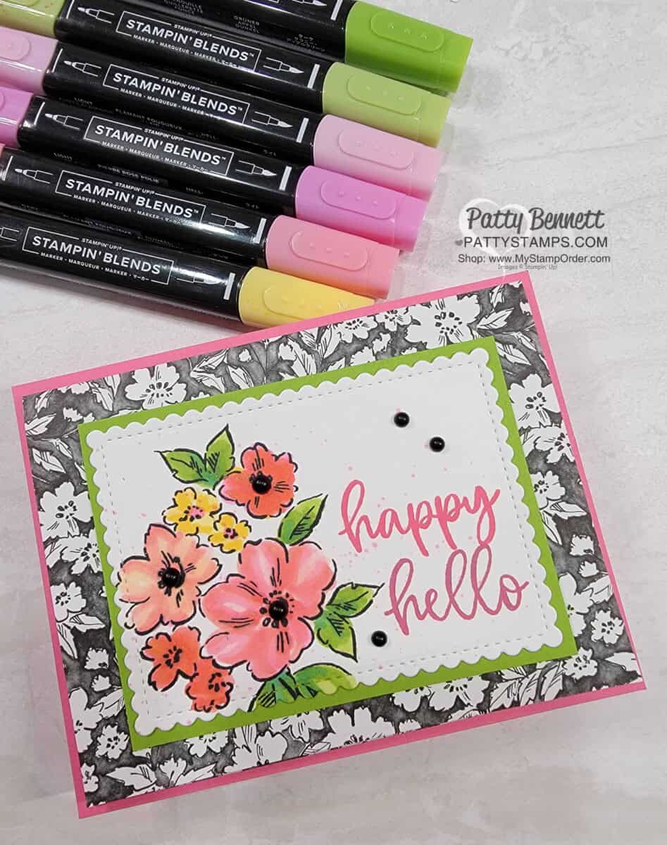 Trifold Card idea featuring Stampin' Up! Sale-a-Bration Beautifully Penned designer paper, Hand-Penned petals stamp set colored with Stampin' Blends markers, and Biggest Wish set. by Patty Bennett www.PattyStamps.com