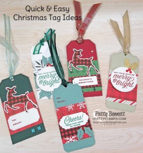 Quick & Easy Christmas gift tags featuring Stampin' Up! Tailor Made Tags dies and Peaceful Prints Sale-a-Bration designer paper.