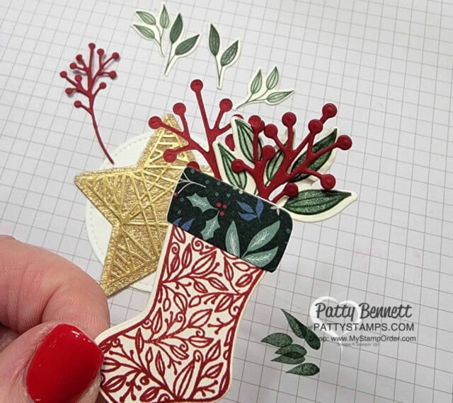 Stamp stocking and die cut sprigs to make Cute Christmas Wreath Ornament idea with a spool of ribbon and the Stampin' Up! Tidings and Trimmings bundle. DIY Christmas Craft idea!