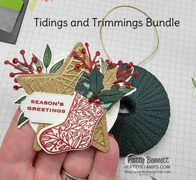 Stamp stocking and die cut sprigs to make Cute Christmas Wreath Ornament idea with a spool of ribbon and the Stampin' Up! Tidings and Trimmings bundle. DIY Christmas Craft idea!