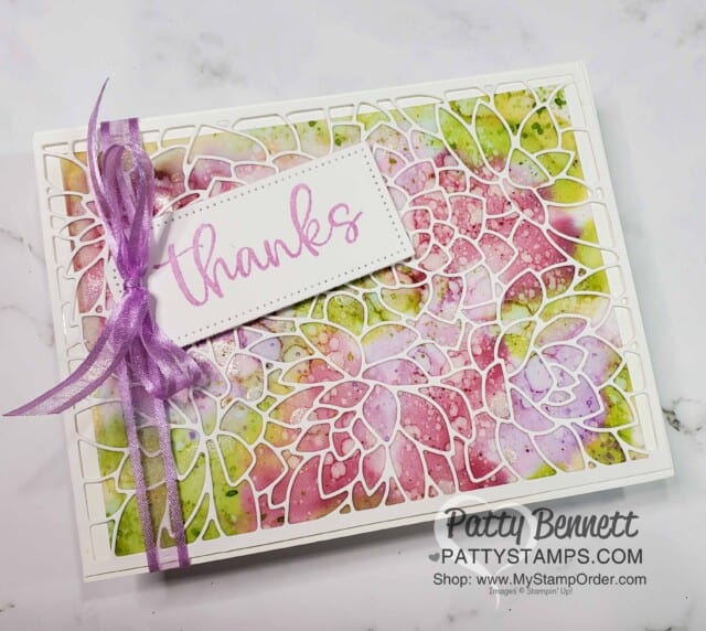 Alcohol ink background technique card idea featuring Stampin' Up! Potted Succulents die overlay and Stampin' Blends markers, by Patty Bennett www.PattyStamps.com
