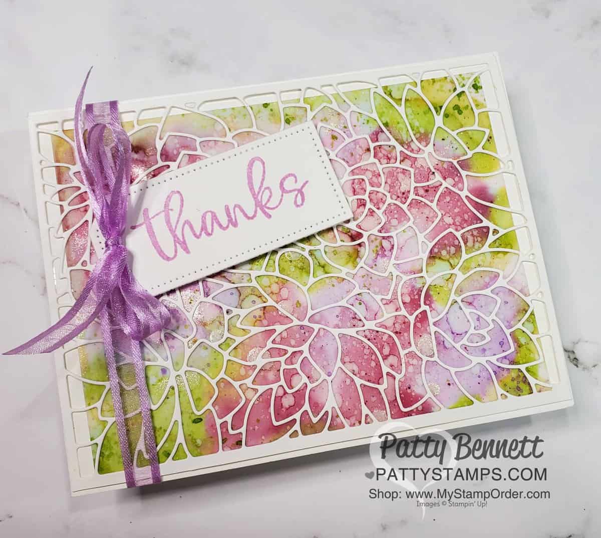 Alcohol ink background technique card idea featuring Stampin' Up! Potted Succulents die overlay and Stampin' Blends markers, by Patty Bennett www.PattyStamps.com