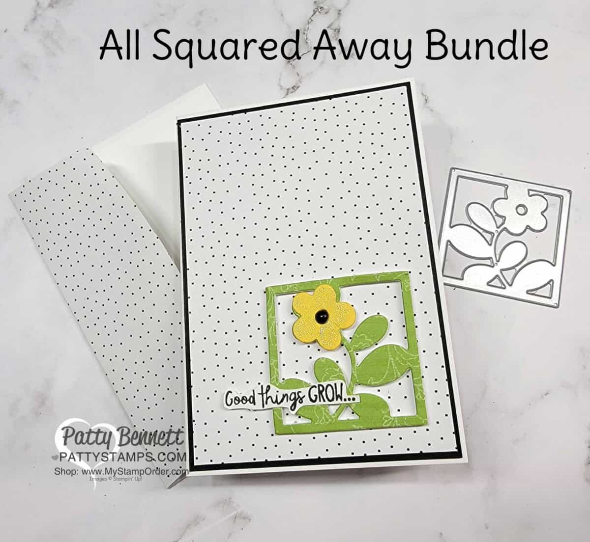 All Squared Away bundle from Stampin' Up! - floral die cut with Foam Adhesive Sheets. Note Card idea with Pattern Party DSP.