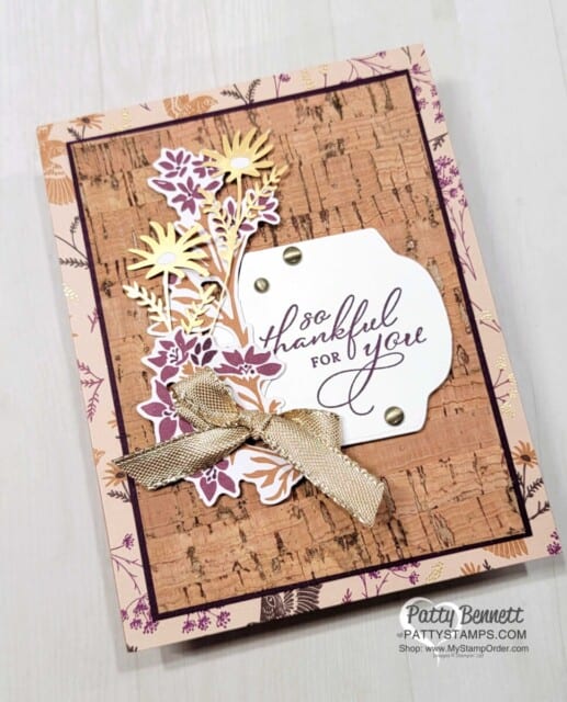 Thankful Card idea featuring Stampin' Up! Blackberry Bliss designer paper and Cork paper. www.PattyStamps.com