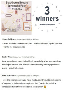 3 Blog Candy Winners for Stampin' UP! Blackberry Beauty Ephemera Pack from Patty Bennett www.PattyStamps.com