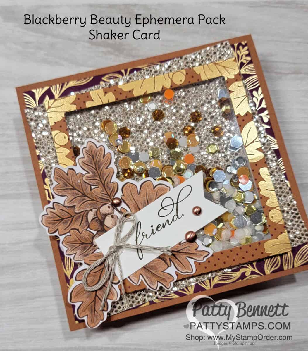 Stampin' Up! Blackberry Beauty Ephemera pack Shaker Card idea with Be Dazzling glitter paper and Sequins for Everything. www.PattyStamps.com