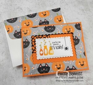 Cute Halloween fun fold card featuring Stampin' Up! card making supplies. By Patty Bennett