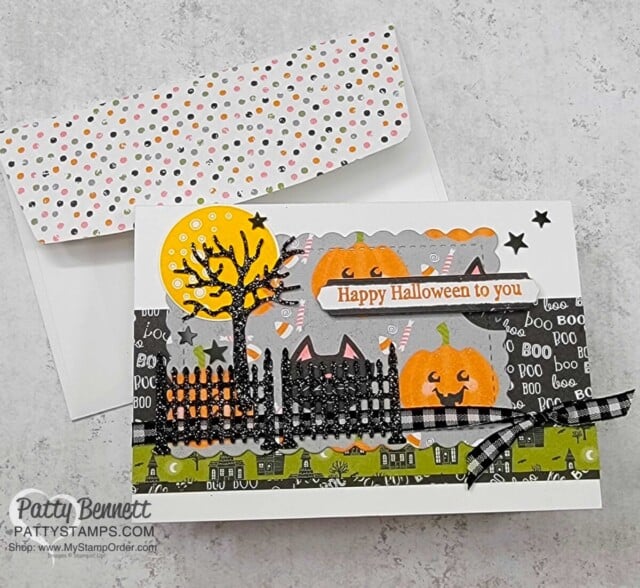 Cute Halloween note card featuring Stampin' Up! Frightfully Cute Bundle. By Patty Bennett