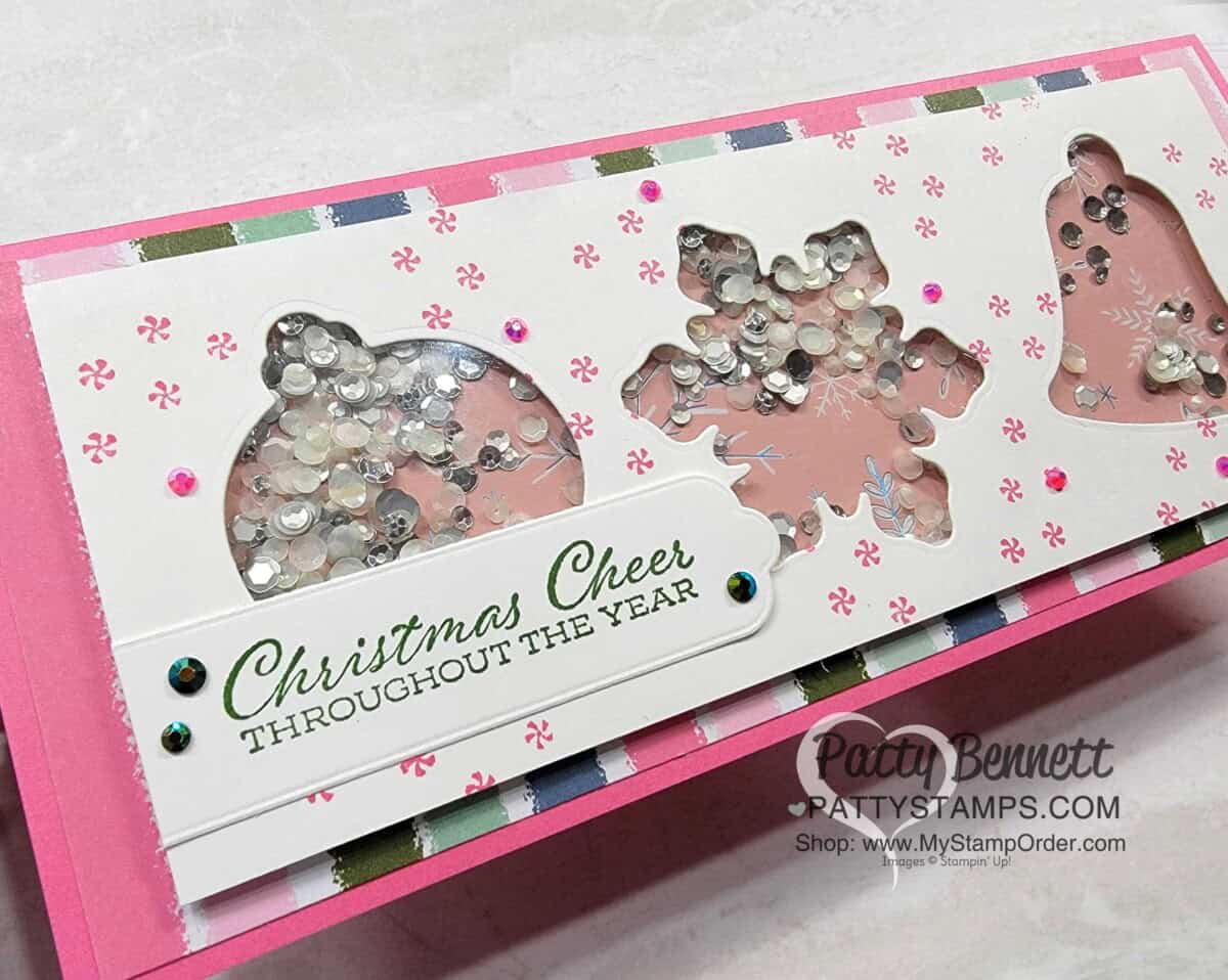 Stampin' UP! Whimsy & Wonder Slimline Shaker Card for Christmas featuring Subtle Shimmer Sequins.