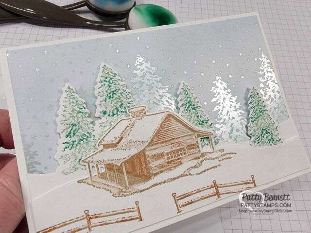 Use Peaceful Place paper & Stampin' UP! Blending Brushes to create Peaceful Cabin cards, video tutorial by Patty Bennett