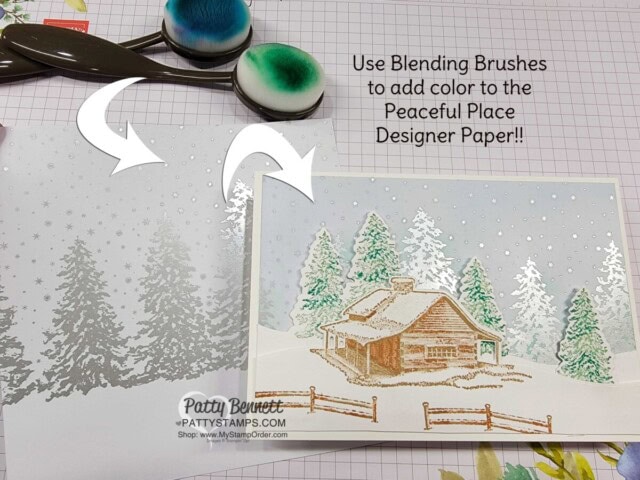 How to alter Peaceful Place paper with Stampin' UP! Blending Brushes to create Peaceful Cabin cards, video tutorial by Patty Bennett