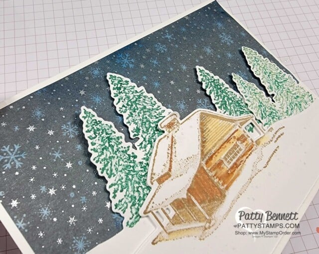Use Peaceful Place paper & Stampin' UP! Blending Brushes to create Peaceful Cabin cards, video tutorial by Patty Bennett