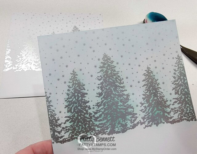 How to alter Peaceful Place paper with Stampin' UP! Blending Brushes to create Peaceful Cabin cards, video tutorial by Patty Bennett