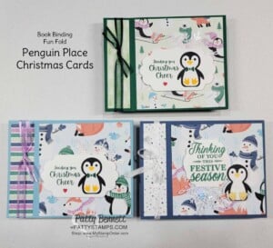 Penguin Place Book Binding Fun Fold customer thank you cards featuring Stampin' Up! Sale-a-Bration Penguin Playmates designer paper, by Patty Bennett