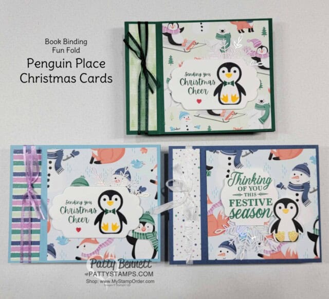 Penguin Place Book Binding Fun Fold customer thank you cards featuring Stampin' Up! Sale-a-Bration Penguin Playmates designer paper, by Patty Bennett