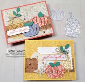 Pretty Pumpkin bundle Stampin' Up! fall card with Harvest Meadow DSP and cork paper. by Patty Bennett www.PattyStamps.com