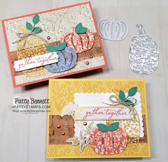 Pretty Pumpkin bundle Stampin' Up! fall card with Harvest Meadow DSP and cork paper. by Patty Bennett www.PattyStamps.com