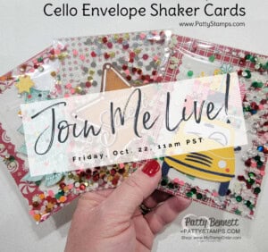 Shaker cards using Stampin' Up! clear envelopes, Love, Santa tag kit and Gingerbread & Peppermint Memories & More card making supplies! By Patty Bennett www.PattyStamps.com